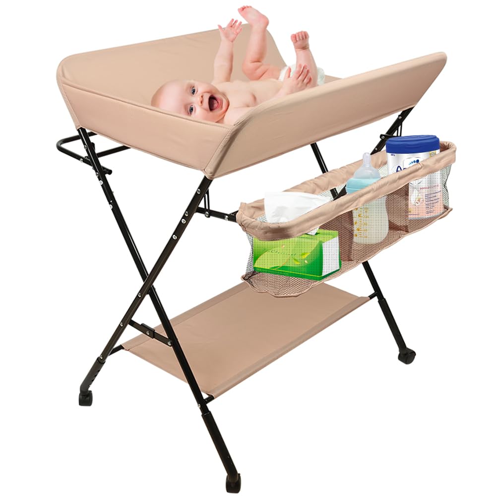 Cambiador Plegable para Niños, Cambiador bebe Plegable con cinturón de seguridad y compartimentos de almacenamiento (Rosa claro)