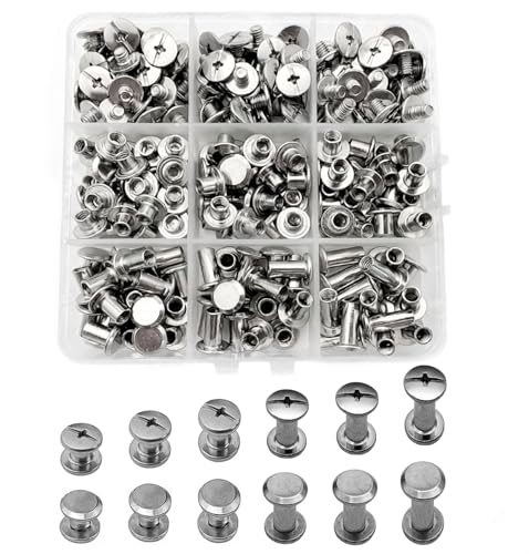 IDEALSV 200 Pcs (100 Sets) 304 Stainless Steel Chicago Screws Rivets Sets,Leather Rivets Phillip Head Leather Bag, Book and Photo Album Binding Chicago Rivets Kits 6 Sizes (M5X4,5,6,8,10,12mm)