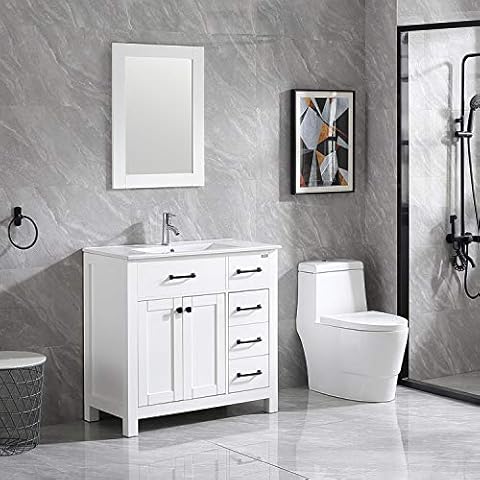 walnest 36 inch Free Standing Bathroom Vanity Ceramic Vessel Sink Combo Cabinet countertop with 2 Doors undermount Resin Sink and Chrome Faucet Combo with Mirror (White) Cover