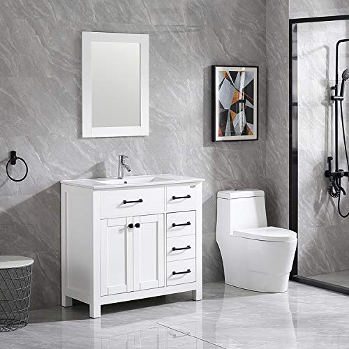 walnest 36 inch Free standing Bathroom Vanity Ceramic Vessel sink combo cabinet countertop with 2 doors undermount resin sink and chrome faucet combo with Mirror (white)