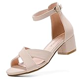 LAURMOSA Nude Heels Chunky High Heels for Kids Sandals for Girls Dress Shoes Flower Girl Shoes Open Toe Ankle Strap Low Wedge Sandals for Toddler Little Big Kids Wedding Party (L1032NuNude 3)