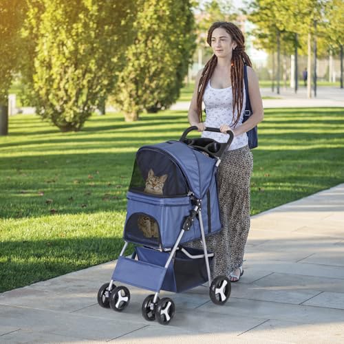 Image of ZENY Foldable Pet Stroller, Cat /Dog Stroller with 4 Wheel, Pet Travel Carrier Strolling Cart with Storage Basket, Cup Holder (Navy Blue)