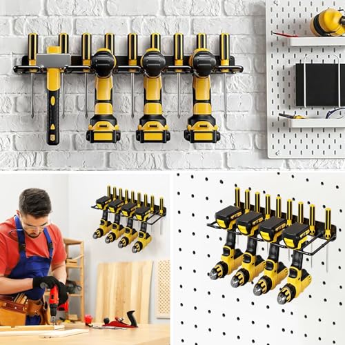 4 Schlitzen Bohrhalter Wandmontage, Akkuschrauber Halterung Wand Metall Werkzeugregal Organizer Werkzeugspeicher für Elektrowerkzeug Organizer für Garage Werkstatt Werkzeugraum(39 * 19 * 4.5cm)