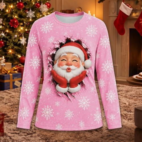 Christmas Shirts for Women 3D Santa Graphic Long Sleeve Crewneck Blouse Top — view 3