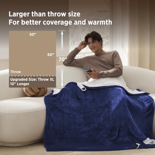 Image of Bedsure Heated Blanket Throw XL, Soft Electric Blanket with Preheat, Navy