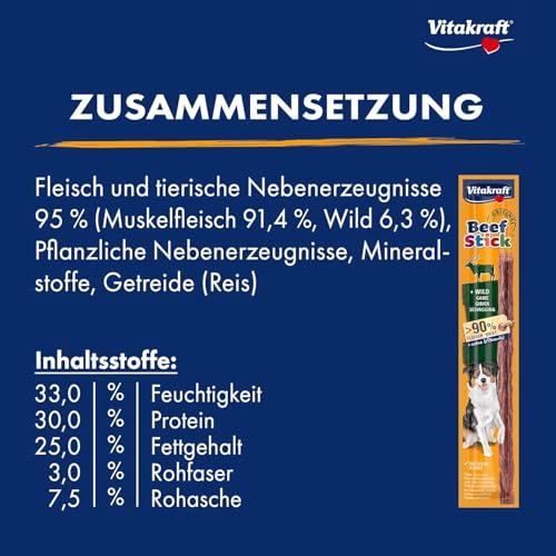 Vitakraft Beef Stick Wild, Hundeleckerli, Fleischstick vom Wild, Hunde Trainingsleckerli, ohne Zusatz von Zucker (1x 12g)