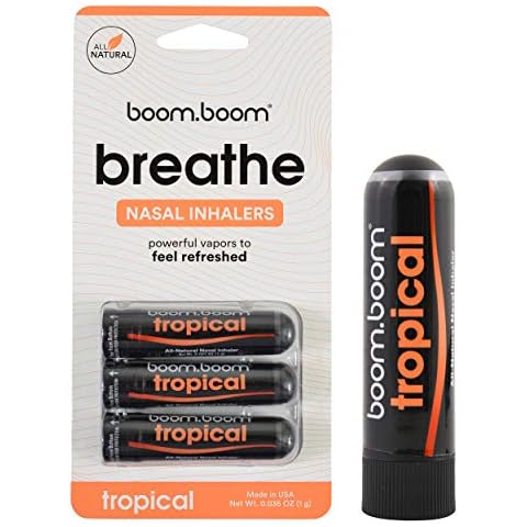 BoomBoom Aromatherapy Nasal Inhaler (Boosts Focus + Enhances Breathing) Provides Fresh Cooling Sensation with Essential Oils and Menthol Pack of 3 Tropical Rush Cover
