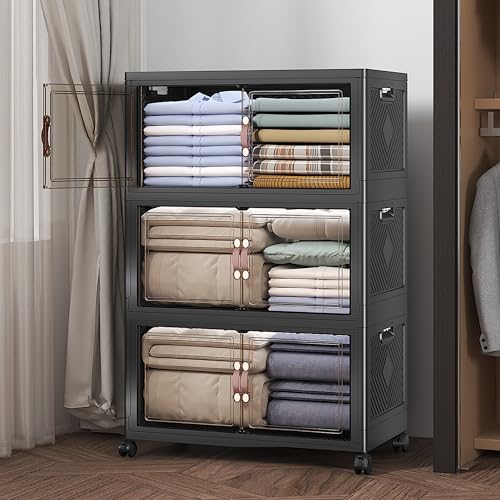 Image of UAMFURI Extra Large Stackable Storage Bins with Lids & Wheels, 360QT-120QT /30GAL*3Pack Foldable Collapsible Closet Organizers Storage Cabinet with Doors for Bedroom Dorm