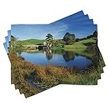 ABAKUHAUS Hobbits Salvamantel Set de 4 Unidades, Hobbit Tierra Casa de Pueblo, Material Lavable Estampado Decoración de Mesa Cocina, Verde Azul