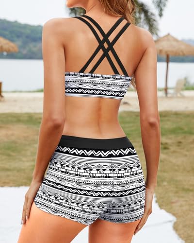 Image of Yonique 3 Piece Tankini Swimsuits for Women Swim Tank Top Bathing Suits with Boy Shorts and Bra Athletic Swimwear