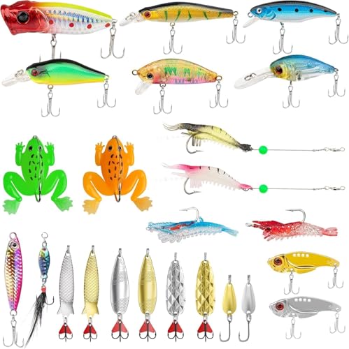TRUSCEND 24pcs Señuelos Kit de Regalo de Pesca para Principiantes y Aficionados a la Pesca, Cucharas Versátiles, Cebos de cucharilla, Plantillas para Lubina y Lucio, Sorpresa de Cebos Diaria