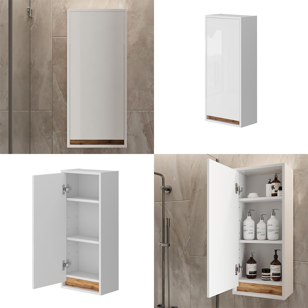 Vicco Armario de baño Detmold Blanco Brillo Intenso/Roble Dorado 81.6x35 cm | con puerta, apto para montaje en pared y combinable con la serie Detmold