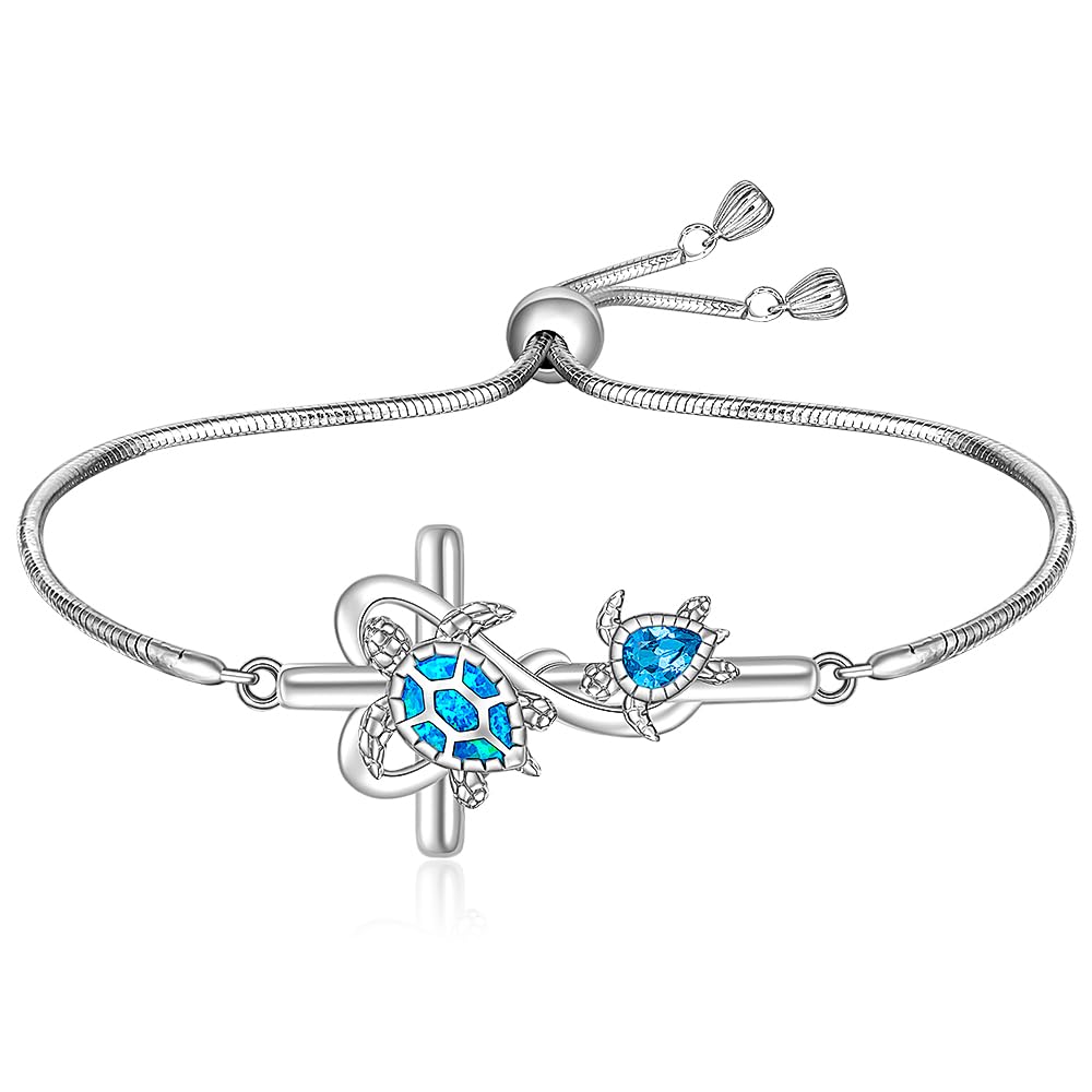 Turtle Bracelet Cross Blue Opal Sea Turtle Bracelet for Women Sterling Silver Adjustable Ocean Hawaiian Mother Daughter Turtles Jewelry Gifts