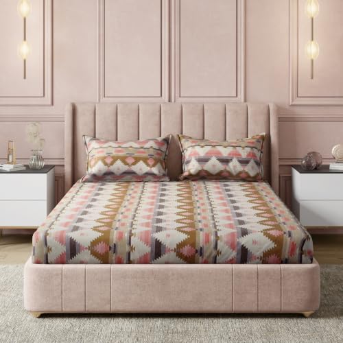 Image of Amazon Basics - 100% Cotton Flat Bedsheet | 200TC |King Bed Sheet with 2 Pillow Cover|Soft Cotton | Geometric Print | 90 Inch x 108 Inch, Grey