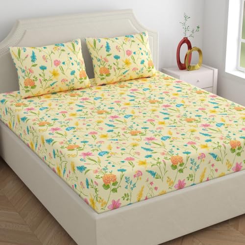 Image of Home Ecstasy 100% Cotton Double Bedsheet with 2 Pillow Covers - (Size 87 x 98 inches, 140 TC, Colour - Cream)