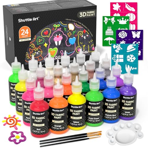 Shuttle Art Pintura Textil 3D Permanente (30ml), 24 Colores Pintura de Tela Permanente 3D con Pinceles, Paleta, Rotuladores para Tela, Colores Purpurina, Metálicos, Pintura para Tela Textil T-shirt