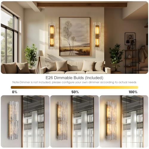 Image of Modern Brass Wall Sconce,30in Gold Large Clear Glass Wall Sconces with Water Ripple,Indoor Hardwired Wall Sconces for Large Spaces,Living Room,Hallway,Stairway Sconces Wall Lighting,Included E26 Bulbs