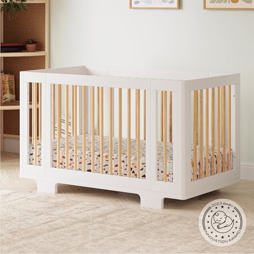 Image of Babyletto Yuzu Convertible All-Stages Bassinet, Midi, Full-Size Crib in White with Natural, Greenguard Gold Certified, Portable & Adjustable with Conversion Kits and Pads Included
