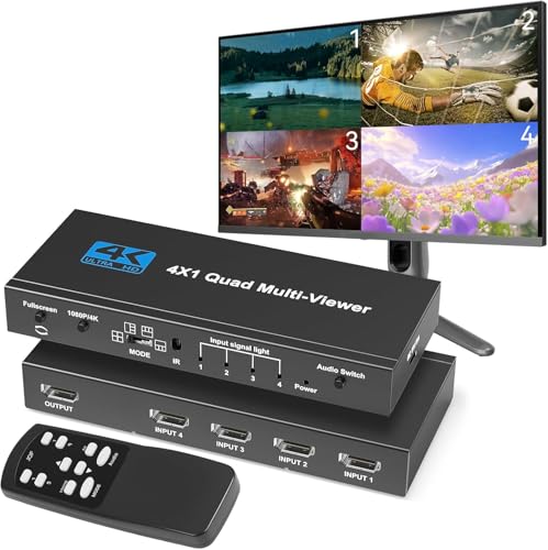 Conmutador HDMI Multivisualizador 4x1 4K sin costuras, 4 en 1, control remoto por infrarrojos, soporte 4K Full HD y 5 modos de visualización para consolas de juego, cámara de seguridad, PS4, PC
