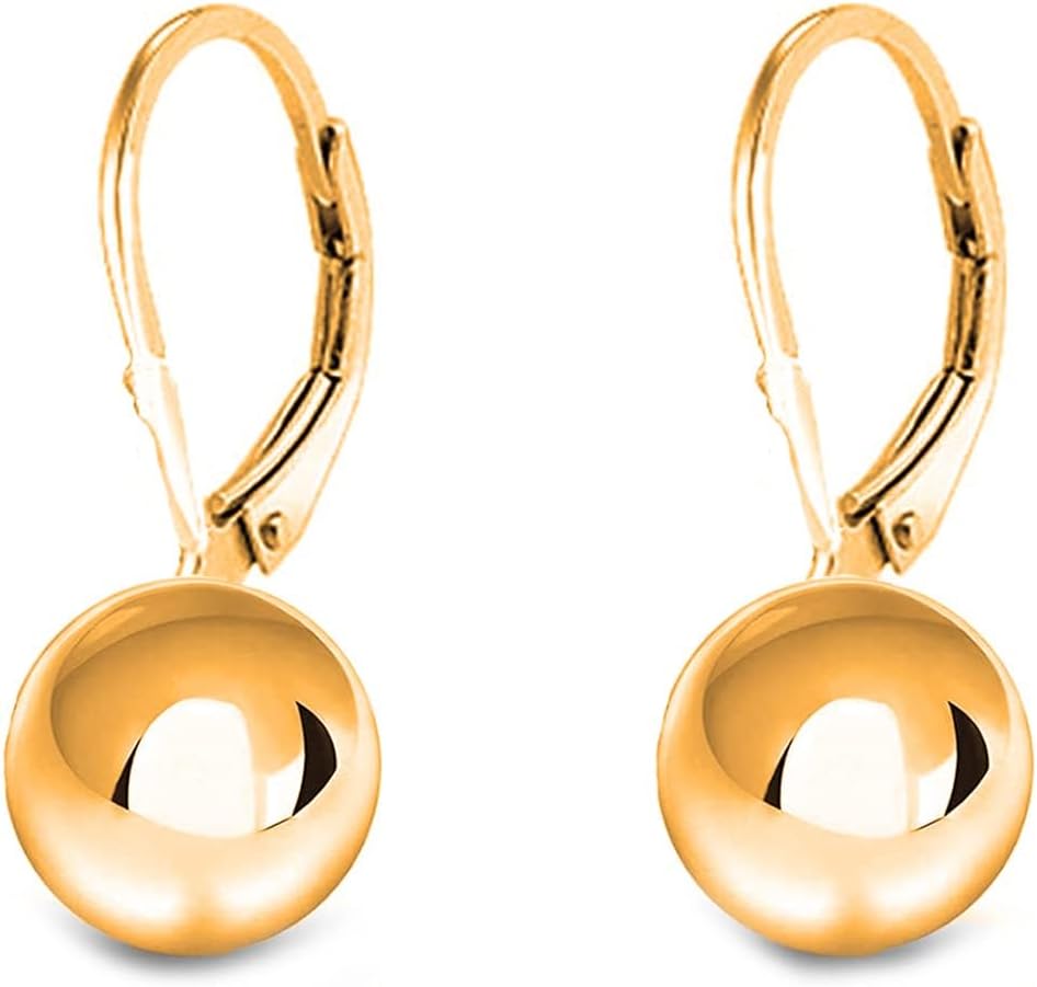 Savlano 925 Sterling Silver Classic Leverback Round Bead Ball Drop Earrings - 18K Gold Plated Bead Ball Earrings for Women Available in 6MM, 8MM, 10MM, 12MM - Made in Italy Comes With Savlano Gift Box