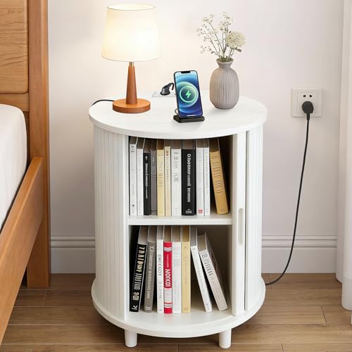 Image of DHH End Table Set of 2 with Storage & Charging Station, Fluted Accent Side Table with Sliding Door & Adjustable Shelf, Mid-Century Nightstand for Small Spaces, Living Room, Bedroom(2, White)