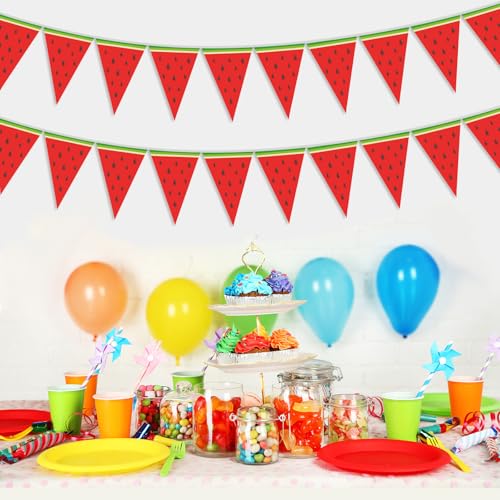 Image of Gersoniel 5 Pcs Watermelon Party Decorations Watermelon Pennant Banner | Watermelon Decor Summer Paper Triangle Flag for Hawaiian Frutti Themed First Birthday Baby Shower Party Classroom Decor