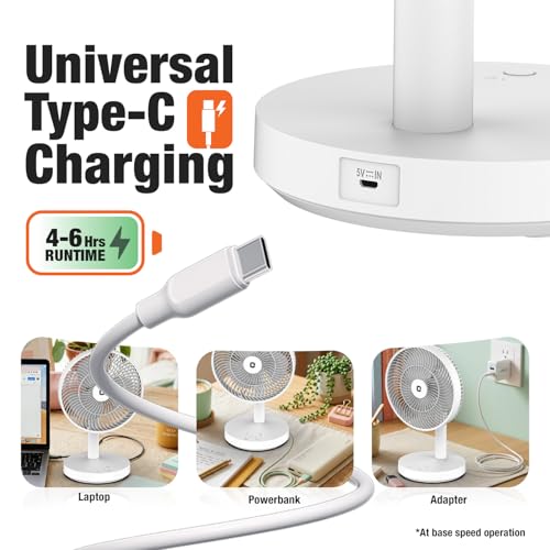 Image of Orient Electric Vento Rechargeable Table Fan | 2000 RPM High Speed Airflow | USB Type-C Charging | 3 Speed Control | 60 Tilt Adjustable | Portable Desk Fan with LED Light for Home, Office & Study