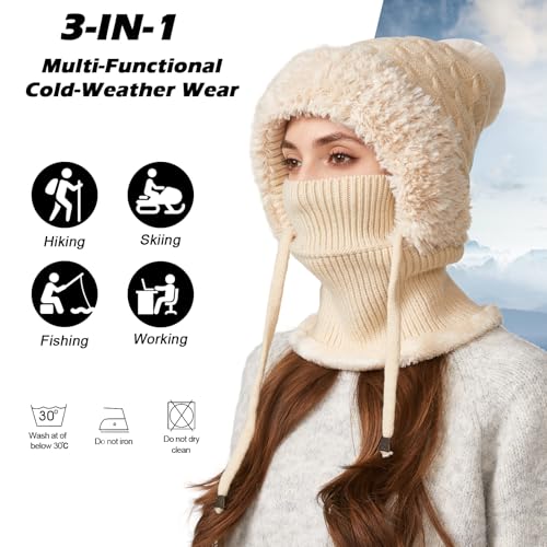 AYPOW Winter Mütze Damen mit Schal Gesichtsmaske, Thermo Strickmütze Balaclava mit Warme Fleecefutter Pompon, Weiches Dicke Beanie WintermüTZE Kapuzenschal Skimütze Hut für Outdoor