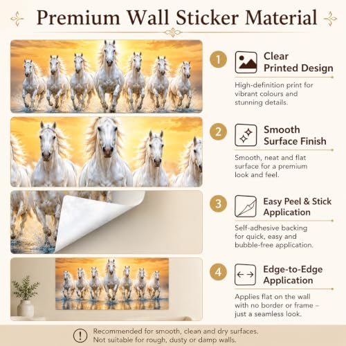 Image of Seven Horses Vastu Wall Sticker for Home & Office, 7 Running White Horses Sunrise Wall Art, Positive Energy Wall Decor for Living Room, Bedroom, Entrance & Office