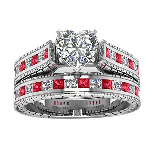 White Gold Plated Heart cut 7mm CZ Womens Wedding Ring Sets Bridal Sets