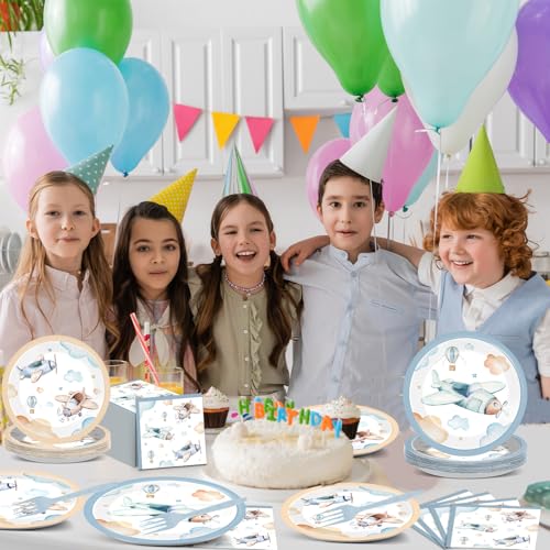 Image of 96Pcs Airplane Birthday Party Decorations Airplane Baby Shower Tableware Vintage Plane Plates Napkins Forks Disposable Aviation Theme Party Supplies for Baby Shower Kids Boys Girls Birthday Supplies