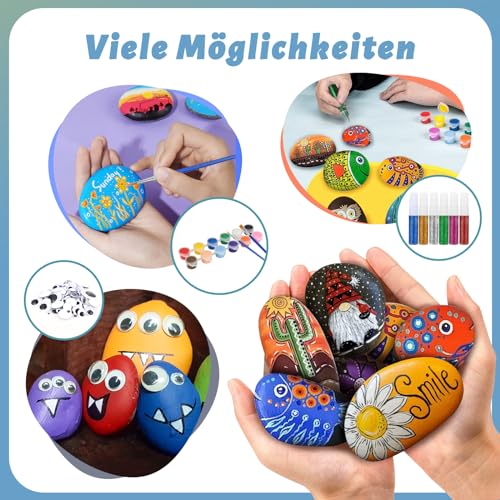 Tigvio 16 Steine zum Bemalen Set, Nachtleuchtendes Steine Bemalen Set Kinder mit 12 Farbfarben Metallicfarben Glitzerkleber, Steine Bemalen Bastelset Kreativ Set für Kinder Erwachsene Geschenke Malset