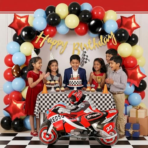 Image of Party Propz Car Theme Decoration For Birthday - 46 Pcs Happy Birthday Decoration Kit For Boys, Bike Foil Balloon, Balloons For Decoration, Happy Birthday Banner, Motorsport Theme (Latex, Cardstock)