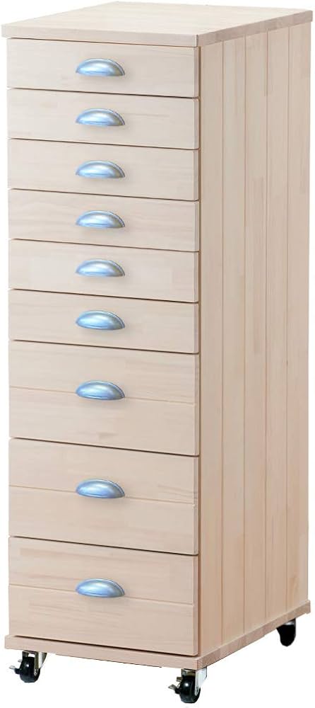 【工房直送】ほぼ完成品でお届け! 多段チェスト B4 9段 書類 引き出し 天然木製 レトロ調 (薄いホワイト 脚:キャスター)