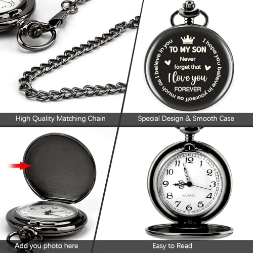 Image of Vintage Engraved Pocket Watch with Chain Fathers Day Birthday Graduation Xmas Valentines Day Gifts for Son Adult