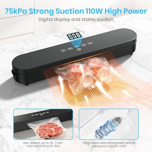 Food Vacuum Sealer Machine, 75kPa Compact Vacuum Sealer for Food, 4-in-1 Food Sealer with Digital Timer, Moist/Dry, Pulse, Seal Modes, Includes 20 Vacuum Bags, Perfect for Freezer Storage, Black #1