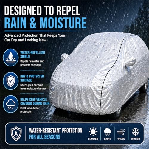 Image of Pivalo Car Cover for Hyundai Exter All Model & Years (2023-2026) 100% Waterproof with Mirror Pockets, Triple Stitched Bottom Elastic Dustproof Full Body Protection (Heat & UV Resistant, Silver)