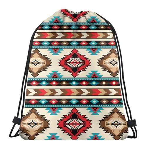 Tribal Aztec Geometric Pattern Drawstring Backpack Bag Native American Ethnic Southwest Stripe Red Sport Gym Sack Navajo Print String Bags Yoga Shopping Travel Casual Daypacks for Women Men