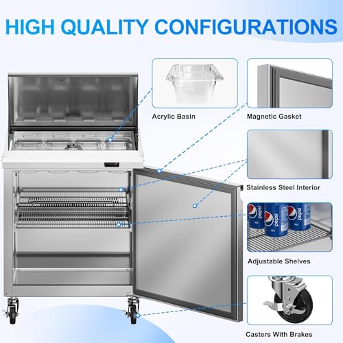Image of Rockitch 29 inch W Commercial Sandwich Prep Table Refrigerator, 7.6 Cu.ft Stainless Steel Mega Top Sandwich Prep Table with 12 Pans, Single Door Salad Prep Station for Restaurant Food Prep, ETL Approved