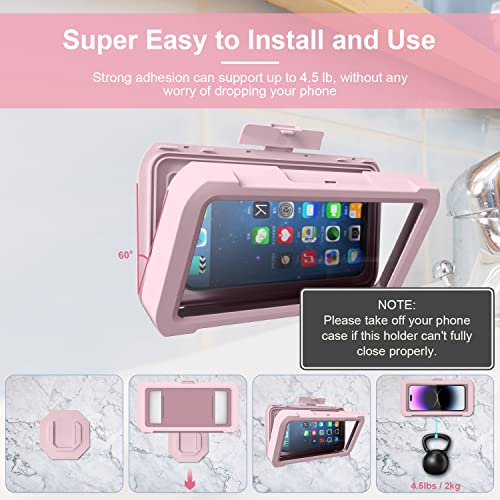 Image of URROY Shower Phone Holder Waterproof, 360 Rotation Shower Phone Case, Anti-Fog High Sensitivity Universal Cover Mount Stand for Bathroom Wall Mirror Bathtub Kitchen，Men Women Pink