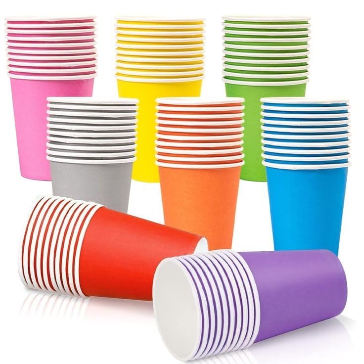 MKshop Paper Cups 50 pcs, 9oz Disposable Cups, Party Cups for Birthdays, Weddings, Picnics, Christmas, Anniversary and Office Parties. Suitable for hot and Cold Drinks. Multicoloured Party Cups.