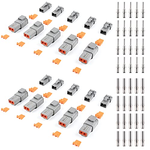 JRready ST6285 Deutsch DTP Connector Kit Size 12 Waterproof 25 Amp - 10 Sets 2 Pin Connector Kit with 20 Pairs 16-12 AWG Solid Contacts Male and Female Closed Barred Terminal Kit