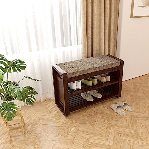Nurtudis Shoe Rack Bench Entryway, Bamboo Shoe Storage Stool With Removable Cushion, 2-Tier Entryway Shoe Organizer Shelf With Side Drawer & Hooks For Entryway, Living Room, Bedroom, Bathroom(Medium) #TOP3