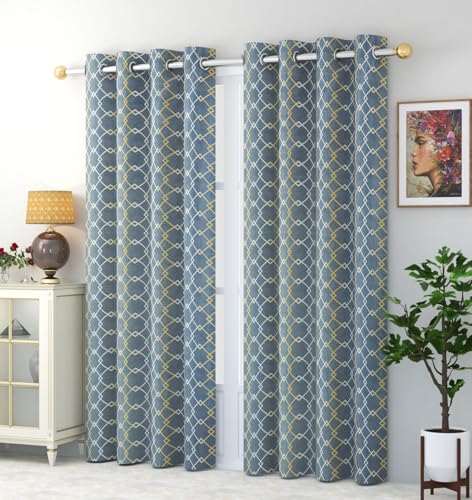 Image of Check Pattern Door Curtains for Living Room | Drawing Room Parde | Curtain Panel for Window, Sky Blue Color 7 Feet 2 Pcs Set Curtains