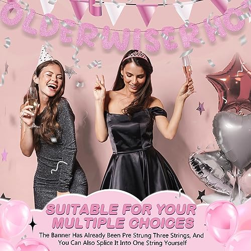 Image of Fulmoon Set of 3 Pre Strung Older Wiser Hotter Glitter Banner Funny Birthday Banner for Women 30th 40th 50th 60th 70th 80th Birthday Party Decorations Sign Gift(Pink)