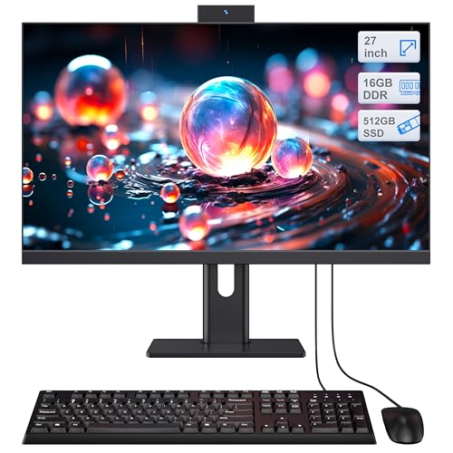 Computer desktop Computer all-in-one da 27' Quad-Core N95 (fino a 3,4Ghz) 512 Go SSD 16 Go RAM con webcam, PC all-in-one con supporto per regolazione dello schermo, WiFi6 dual-band Bluetooth 5.3, nero