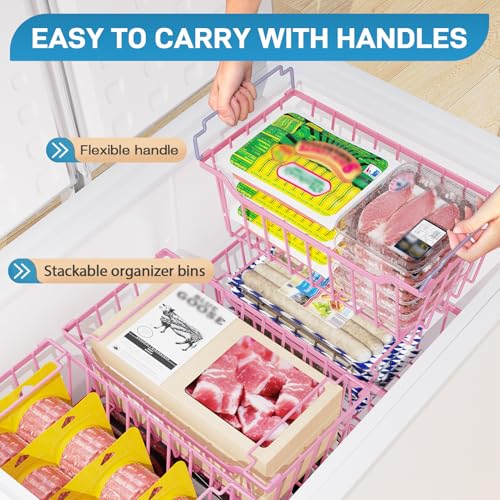 Image of SUNALLY Freezer Organizer Bins, 8 Pack Stackable Chest Freezer Organizer for 5-7 Cu.FT Deep Freezer Sort Frozen Meats and Food, Freezer Storage Baskets with Handles Easy Reach from Bottom, Pink