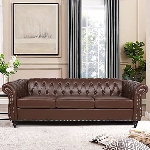 Image of LEVNARY Chesterfield Sofa, Classic Tufted Upholstered Leather Couch, Modern 3 Seater Couch Furniture with Tufted Back for Living Room Office (Dark Brown)