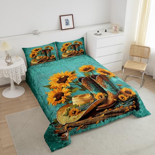 Image of Feelyou Queen Western Cowboy Bedding Set Kids Sunflower Comforter Set Boys Girls Cowboy Boots Bedding Set Teens Wooden Plank Duvet Set Bedroom Decor Microfiber Bed Set