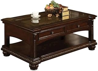 Cherry Coffee Table with Glass Top, Poplar Wood Frame, Cherry Wood Veneer Finish, Durable Construction, Stylish Design for Living Room, Office